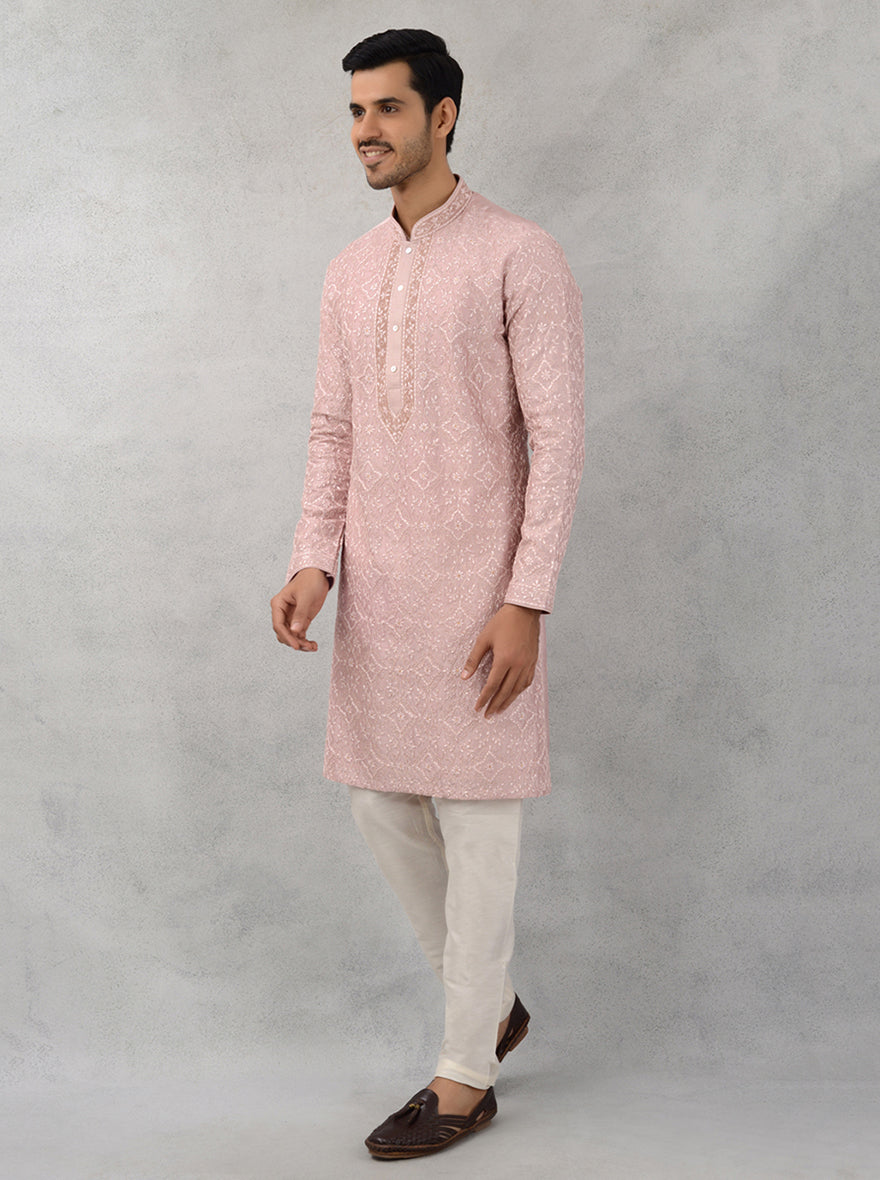 Men’s rose pink silk kurta pajama, traditional USA attire