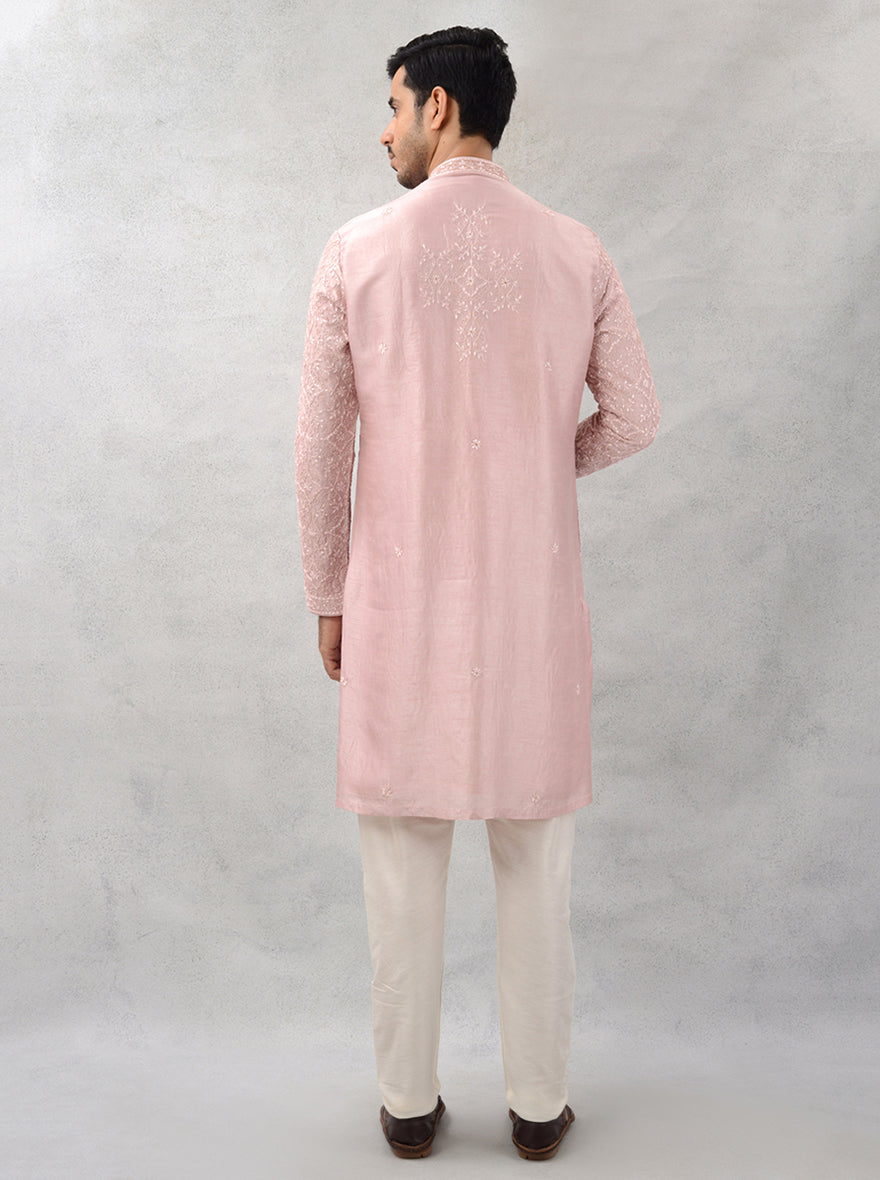 Festive rose pink kurta pajama, embroidered for USA events