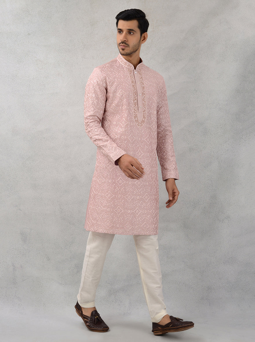 Rose pink silk kurta, mandarin collar, USA men’s festive wear