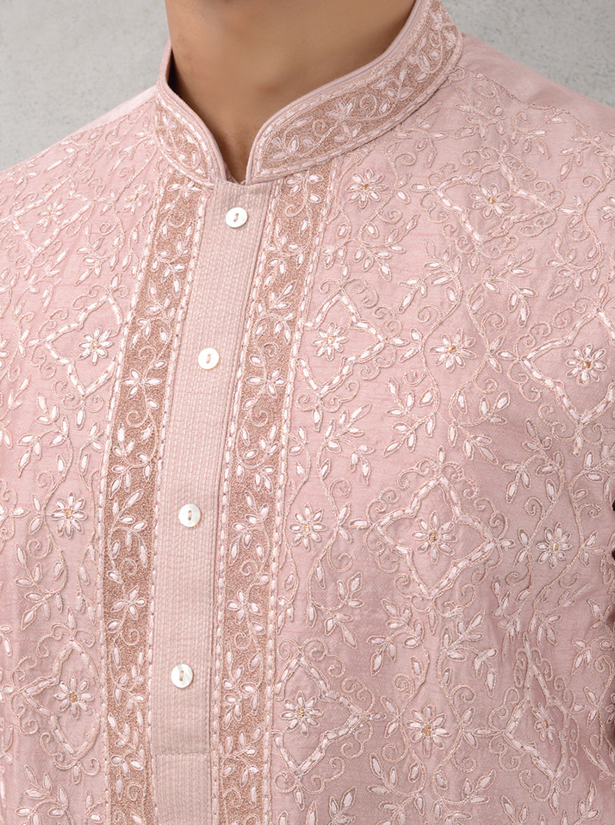 Elegant rose pink kurta pajama, silk, embroidered USA attire