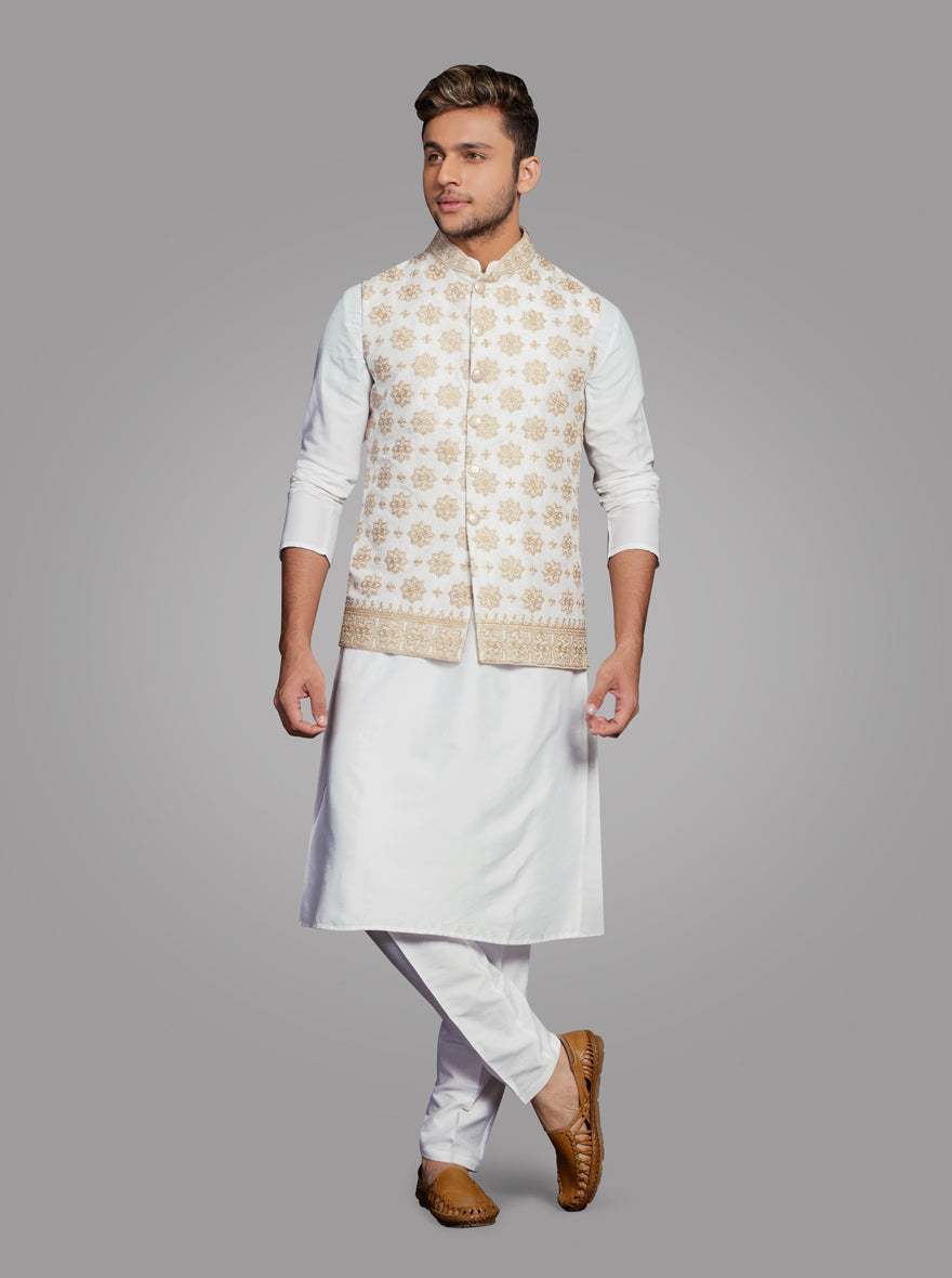 Off White Silk Blend Kurta Pajama Set with Koti for men, perfect for weddings