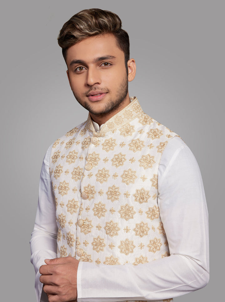 Traditional Off White Kurta Pajama Set with embroidery for men