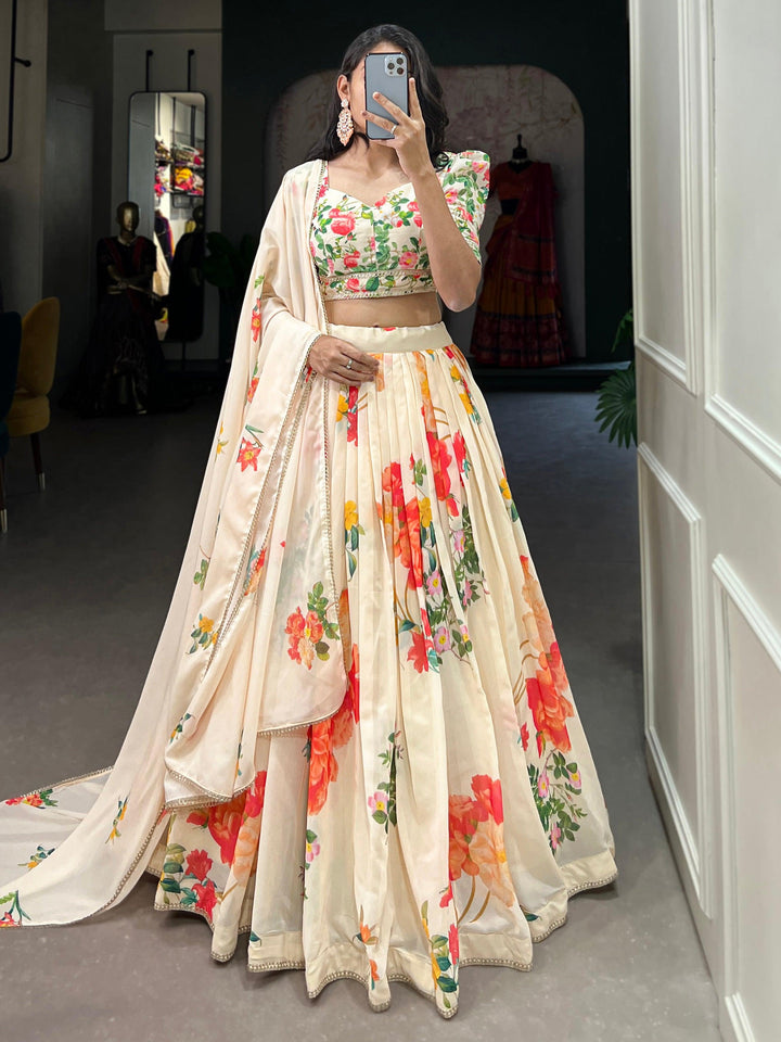 Cream Georgette Lehenga | Floral Print & Lace Border