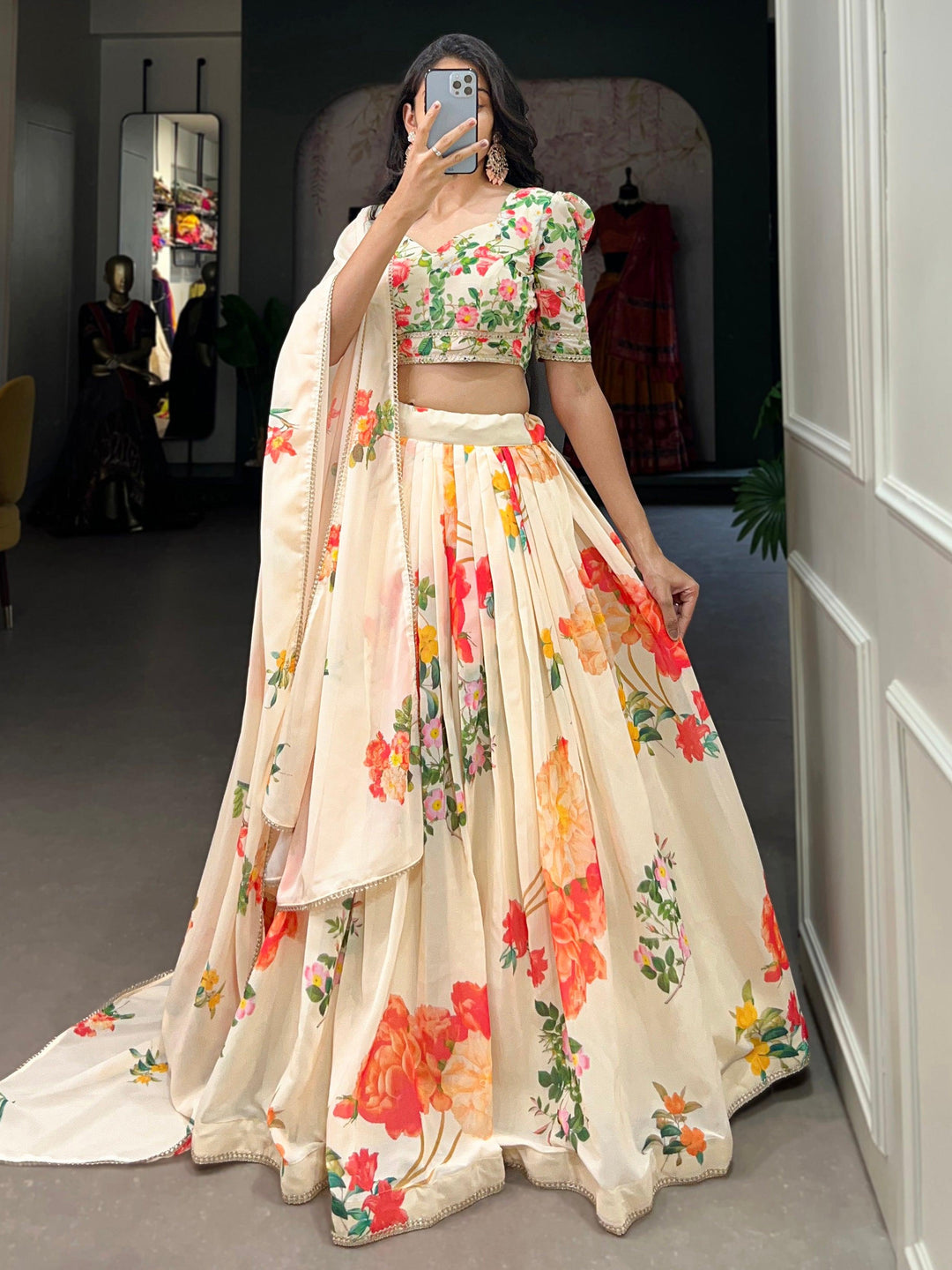 Cream Georgette Lehenga | Floral Print & Lace Border