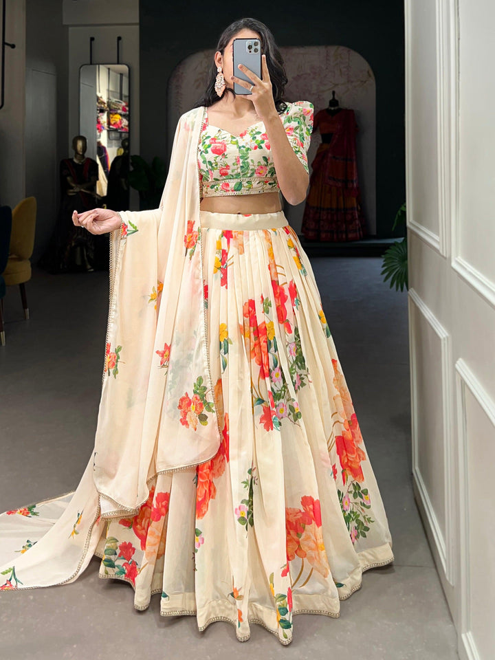 Cream Georgette Lehenga | Floral Print & Lace Border