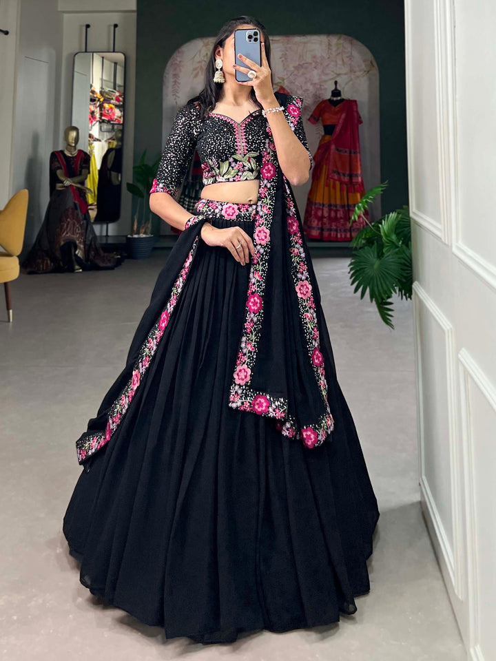 Adorable Black Sequins Georgette Designer Lehenga Choli With Dupatta