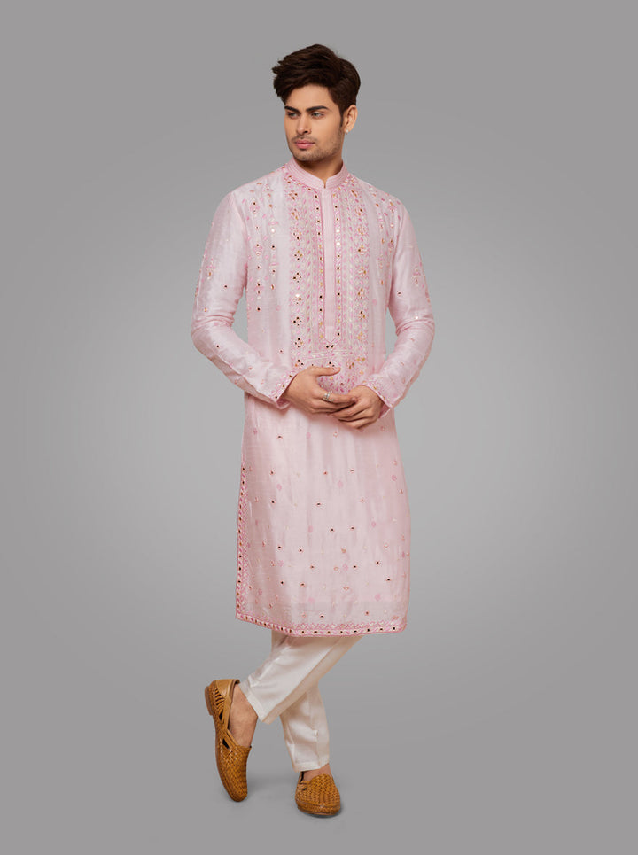 Pink Silk Blend Embroidered Kurta Pajama for Men  Traditional Look