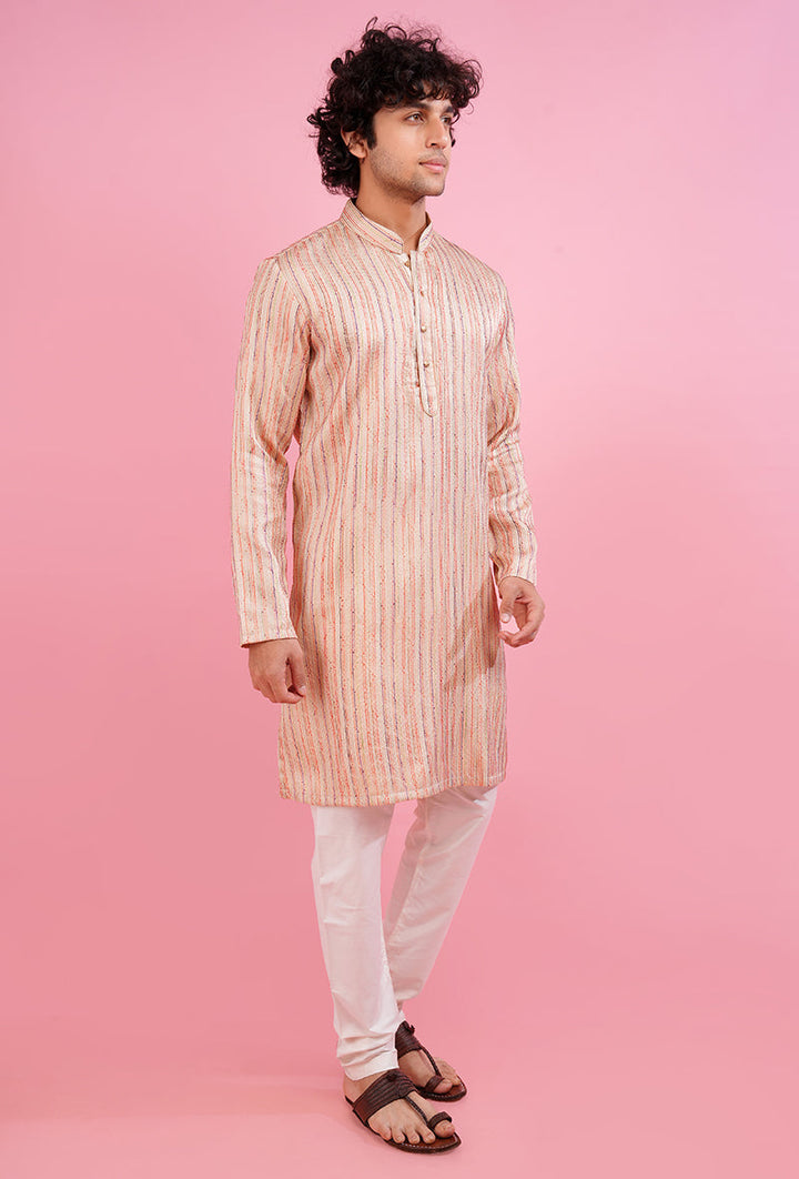 Cream silk blend kurta pajama set for men, ideal for weddings, parties, and festive gatherings.