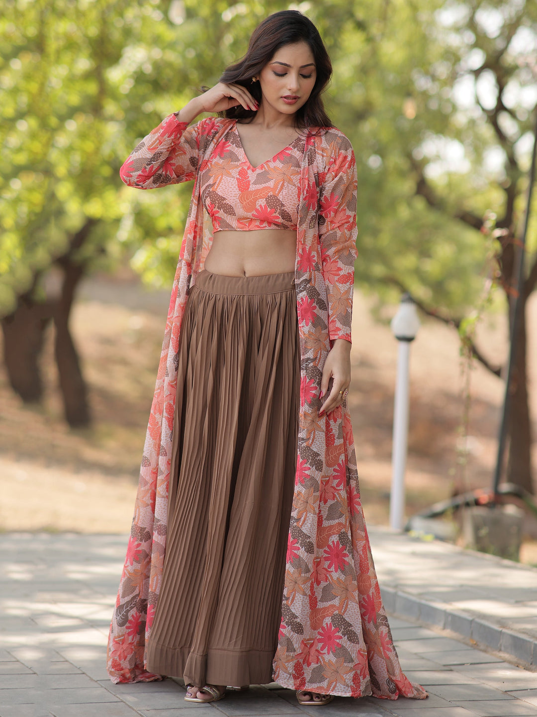 Awesome Brown Georgette Party Wear Crop Top Lehenga With Jacket