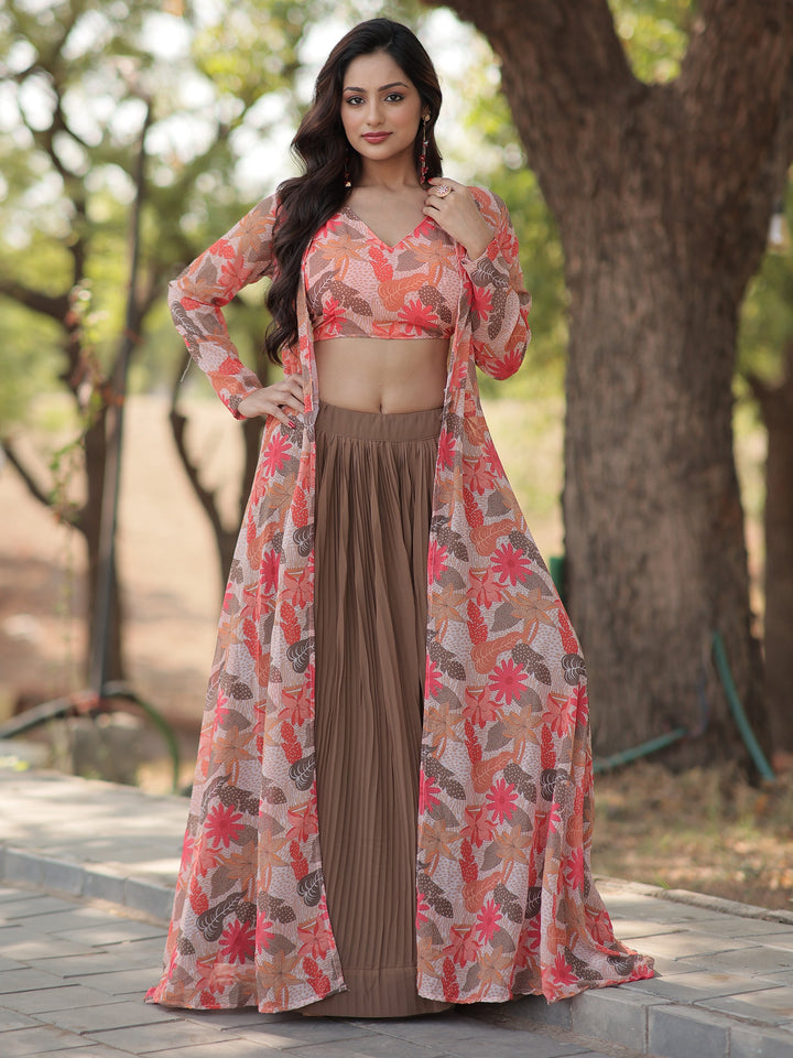 Awesome Brown Georgette Party Wear Crop Top Lehenga With Jacket