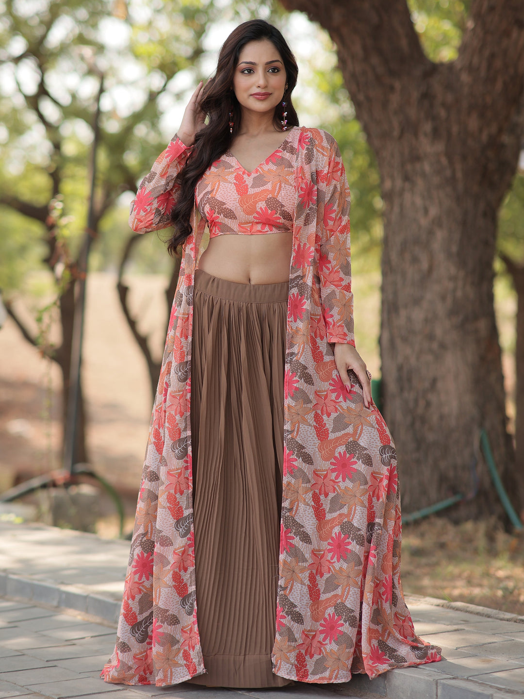 Awesome Brown Georgette Party Wear Crop Top Lehenga With Jacket