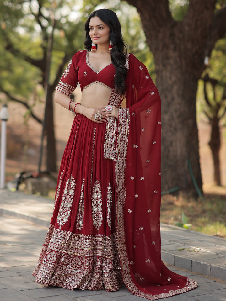 Marvelous Maroon Sequins Georgette Wedding Lehenga Choli