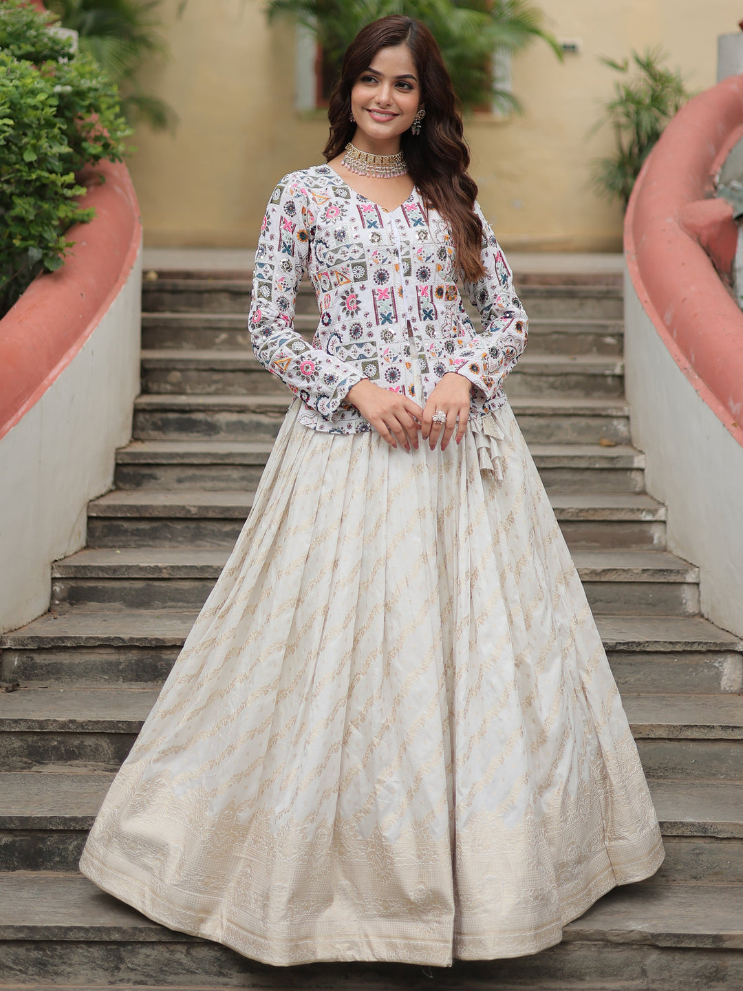 Traditional Off-White Lehenga | Georgette Top & Embroidery Details