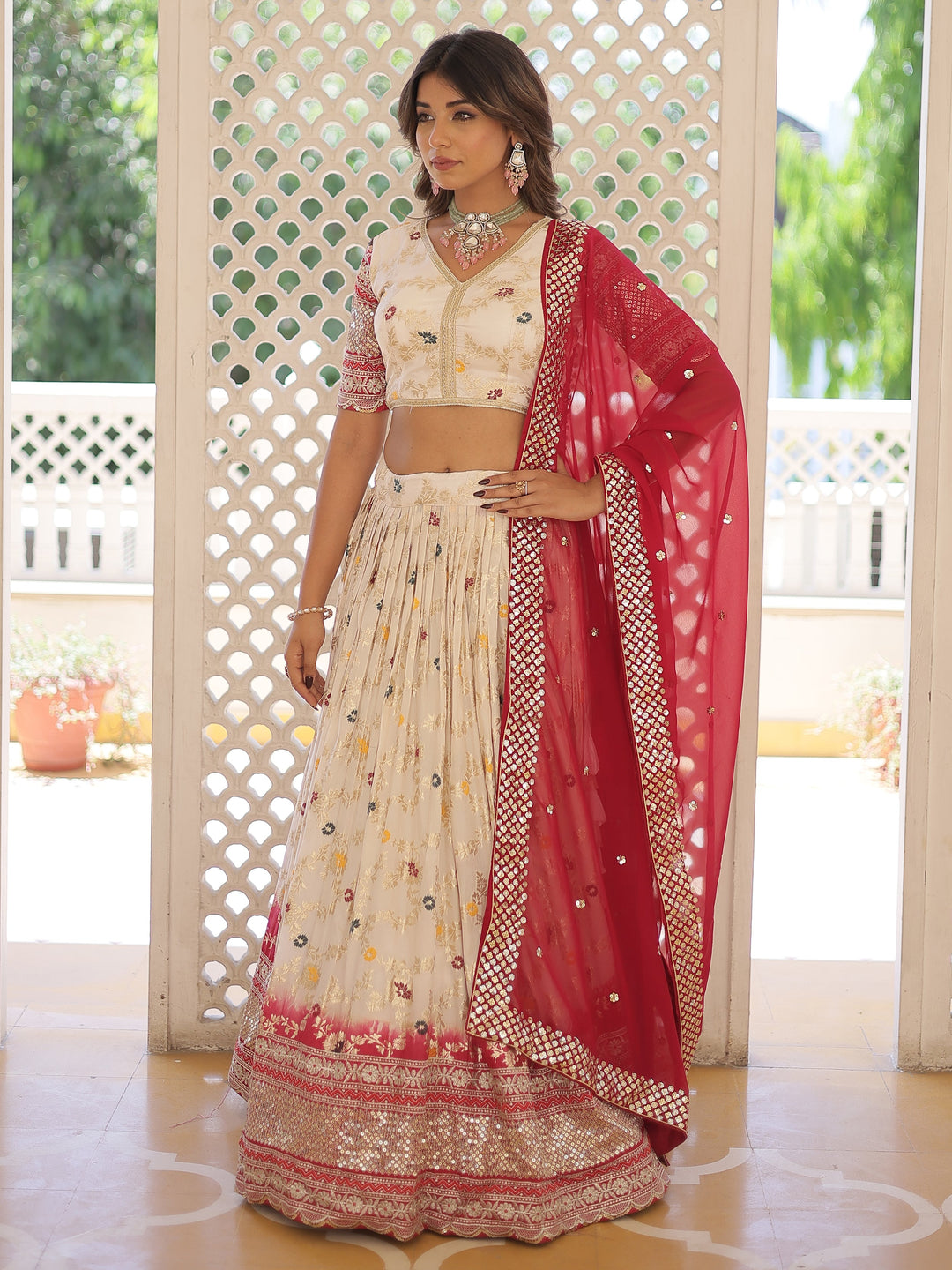 Lovely Off-White Sequins Jacquard Wedding Lehenga Choli With Dupatta