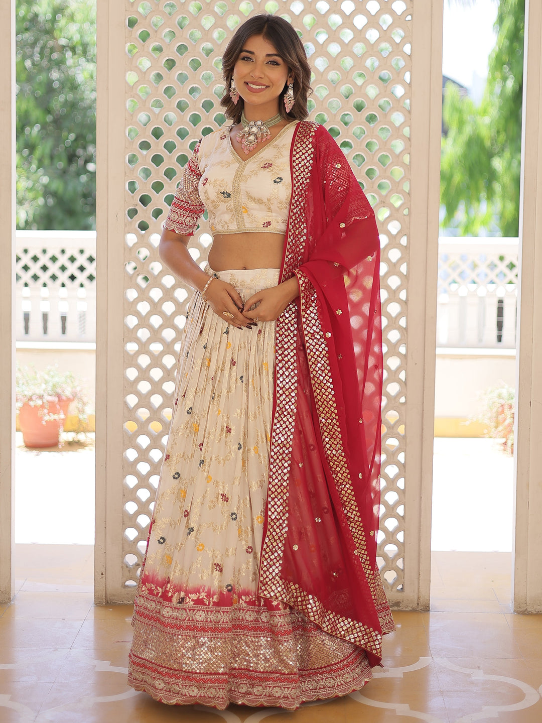 Lovely Off-White Sequins Jacquard Wedding Lehenga Choli With Dupatta