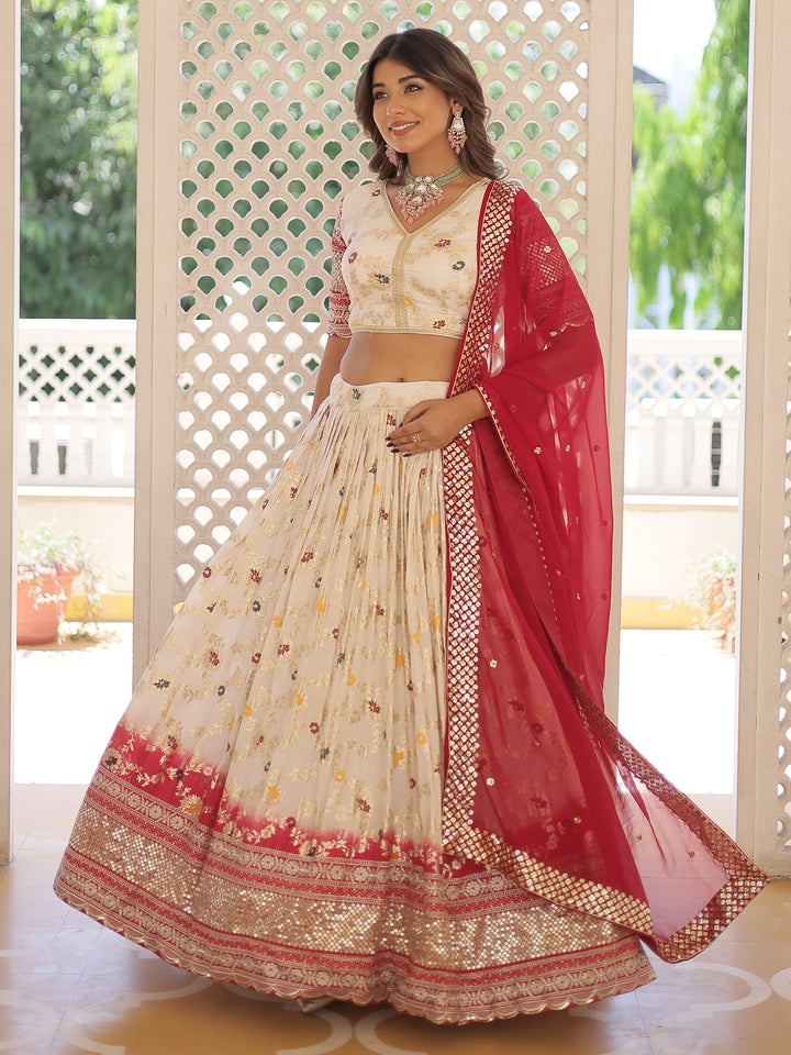 Lovely Off-White Sequins Jacquard Wedding Lehenga Choli With Dupatta