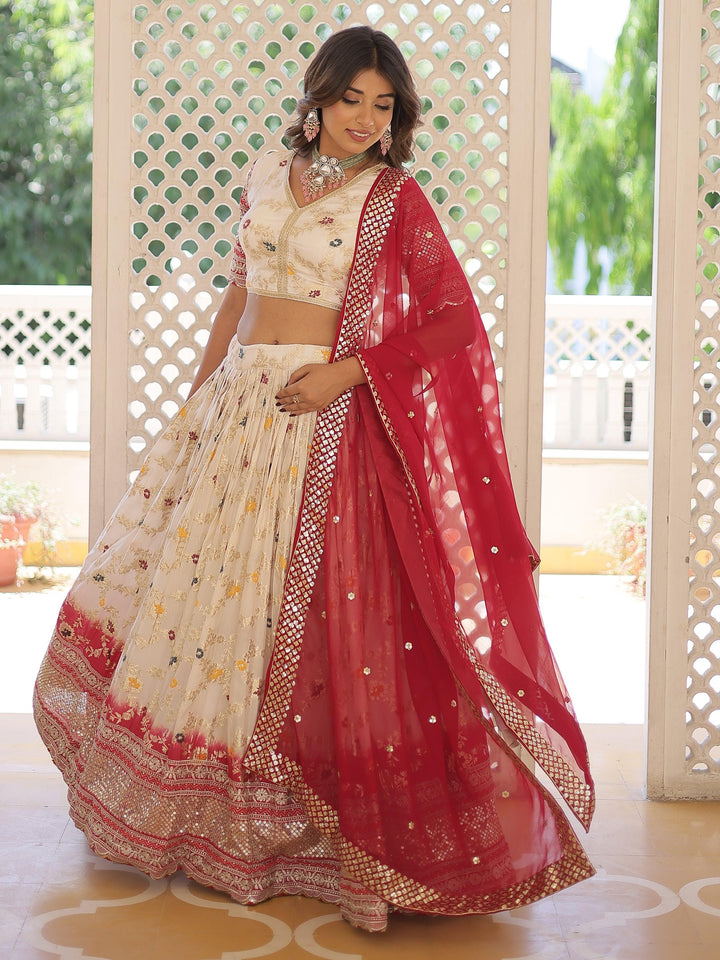 Lovely Off-White Sequins Jacquard Wedding Lehenga Choli With Dupatta