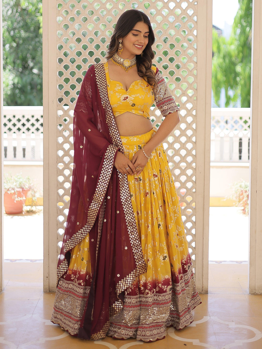 Cute Yellow Sequins Jacquard Haldi Wear Lehenga Choli With Dupatta