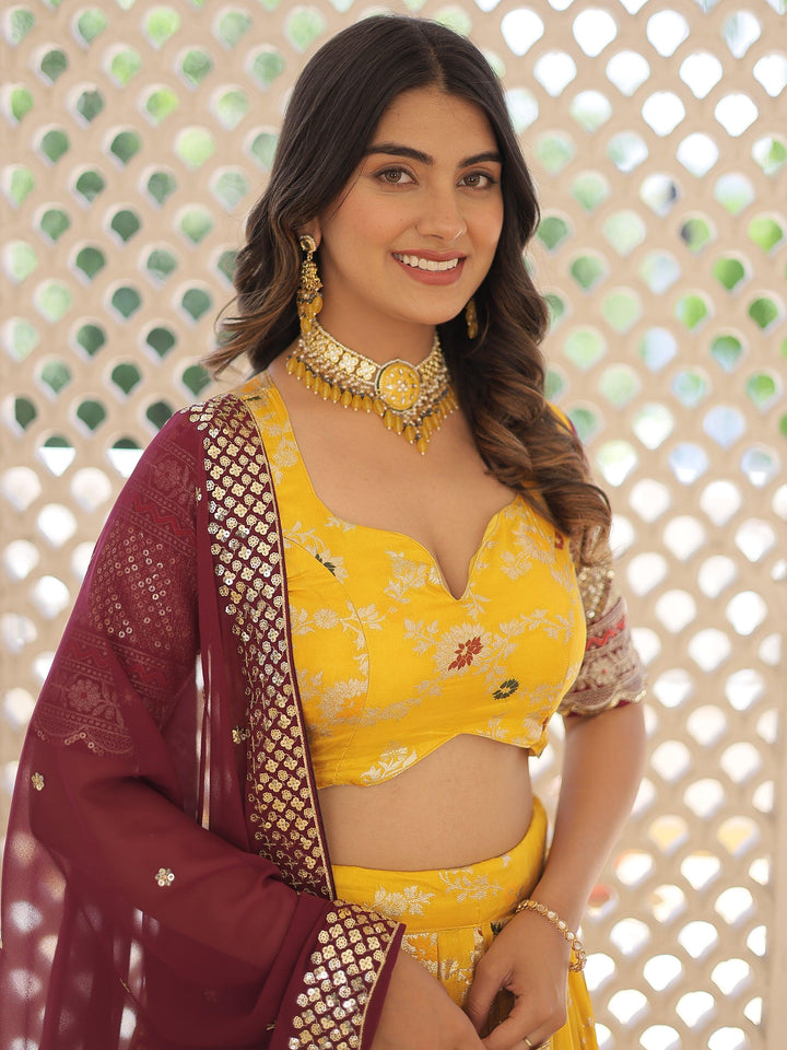 Cute Yellow Sequins Jacquard Haldi Wear Lehenga Choli With Dupatta