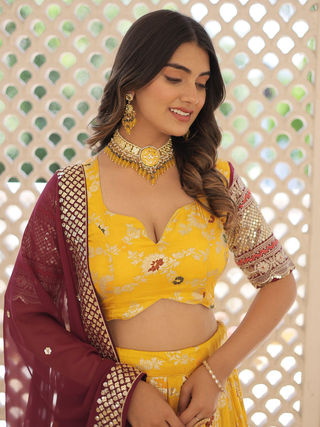 Cute Yellow Sequins Jacquard Haldi Wear Lehenga Choli With Dupatta