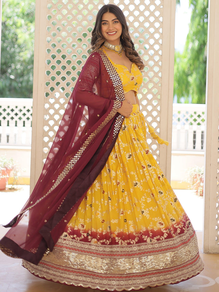 Cute Yellow Sequins Jacquard Haldi Wear Lehenga Choli With Dupatta