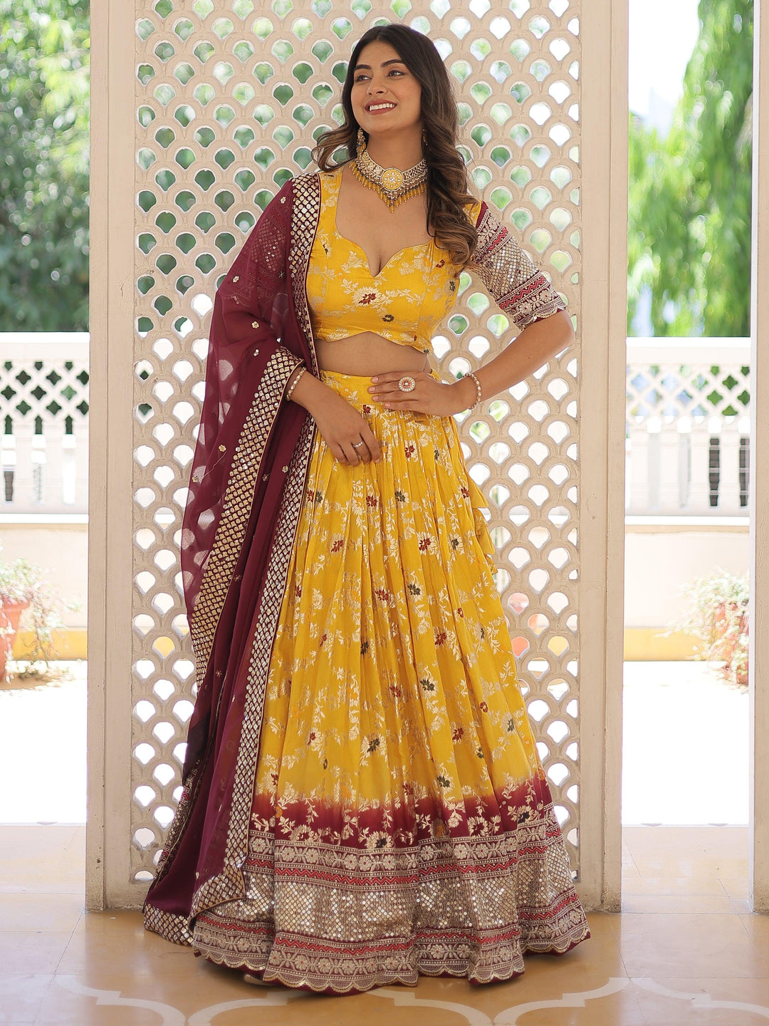 Cute Yellow Sequins Jacquard Haldi Wear Lehenga Choli With Dupatta