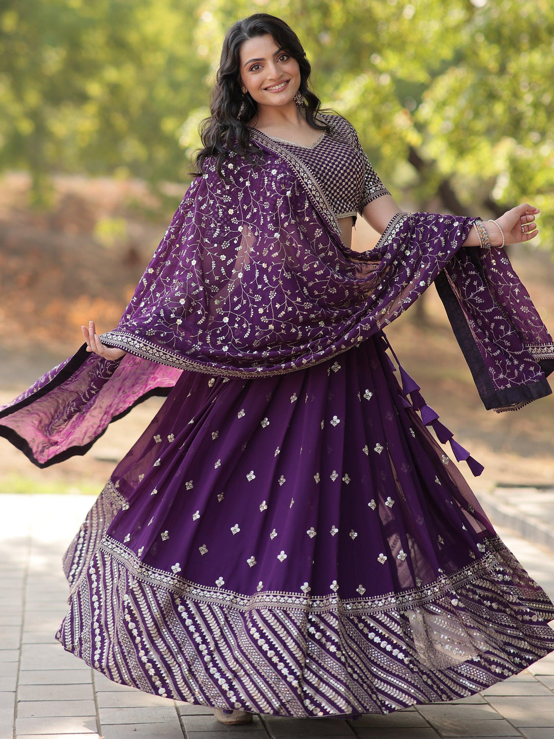 Charming Purple Embroidered Georgette Wedding Lehenga Choli