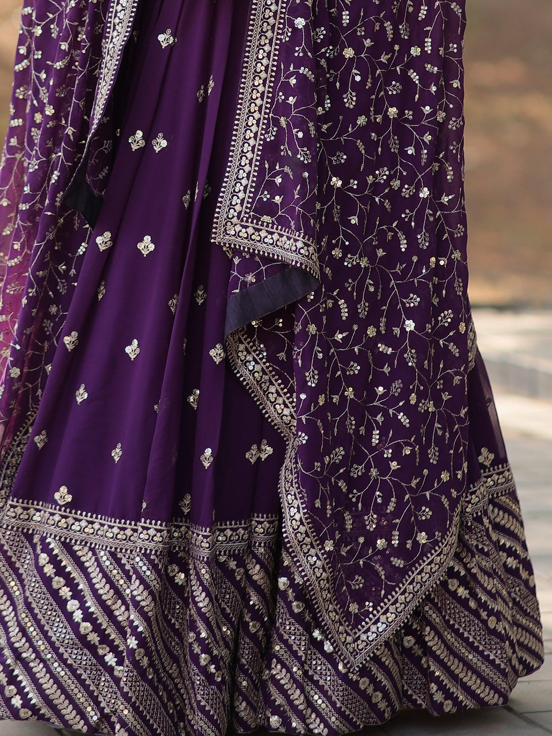 Charming Purple Embroidered Georgette Wedding Lehenga Choli