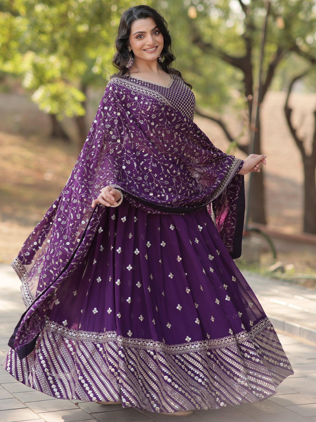 Charming Purple Embroidered Georgette Wedding Lehenga Choli