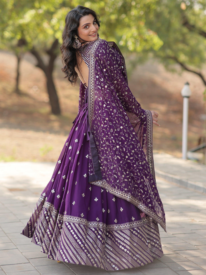 Charming Purple Embroidered Georgette Wedding Lehenga Choli