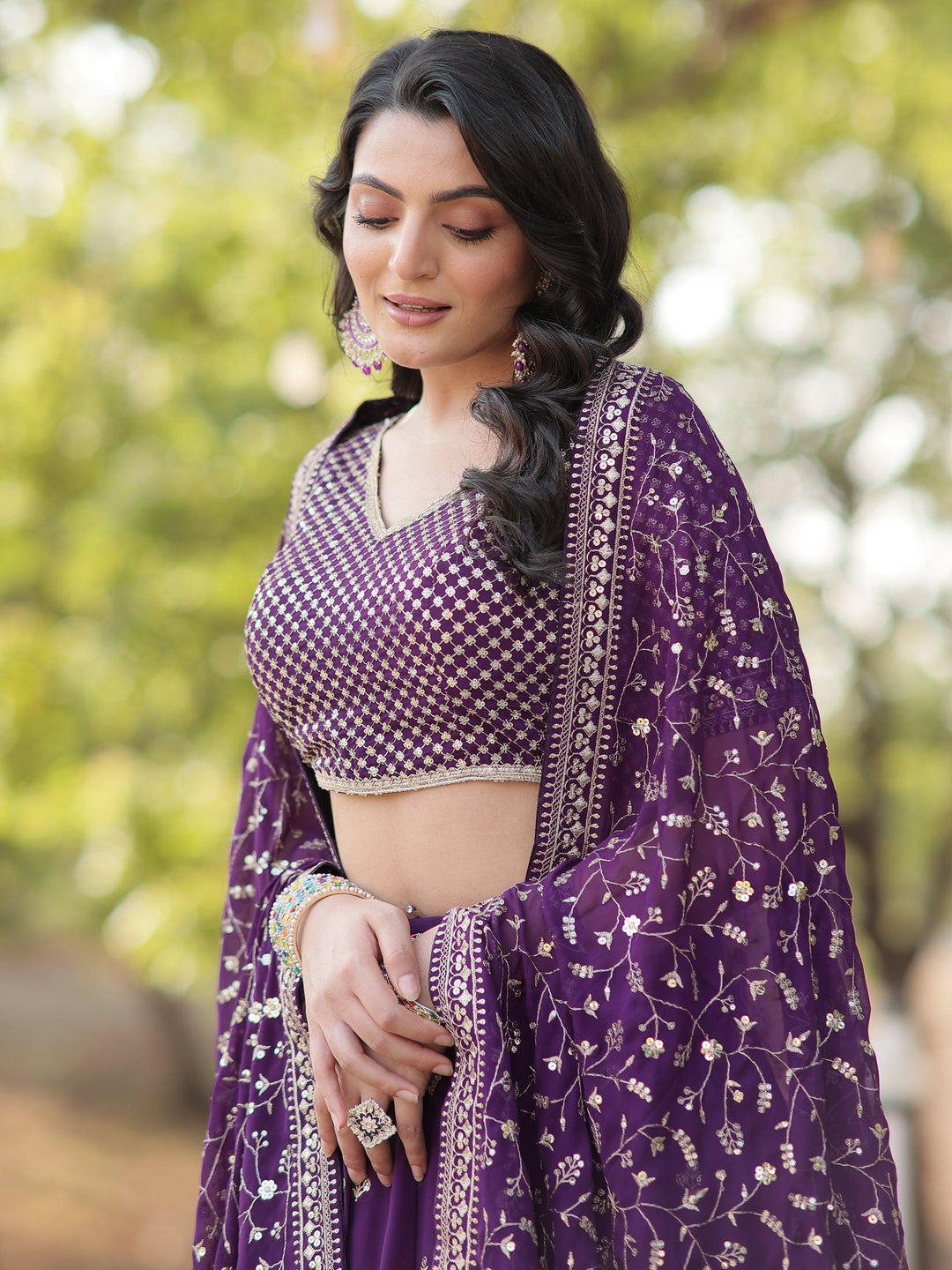 Charming Purple Embroidered Georgette Wedding Lehenga Choli