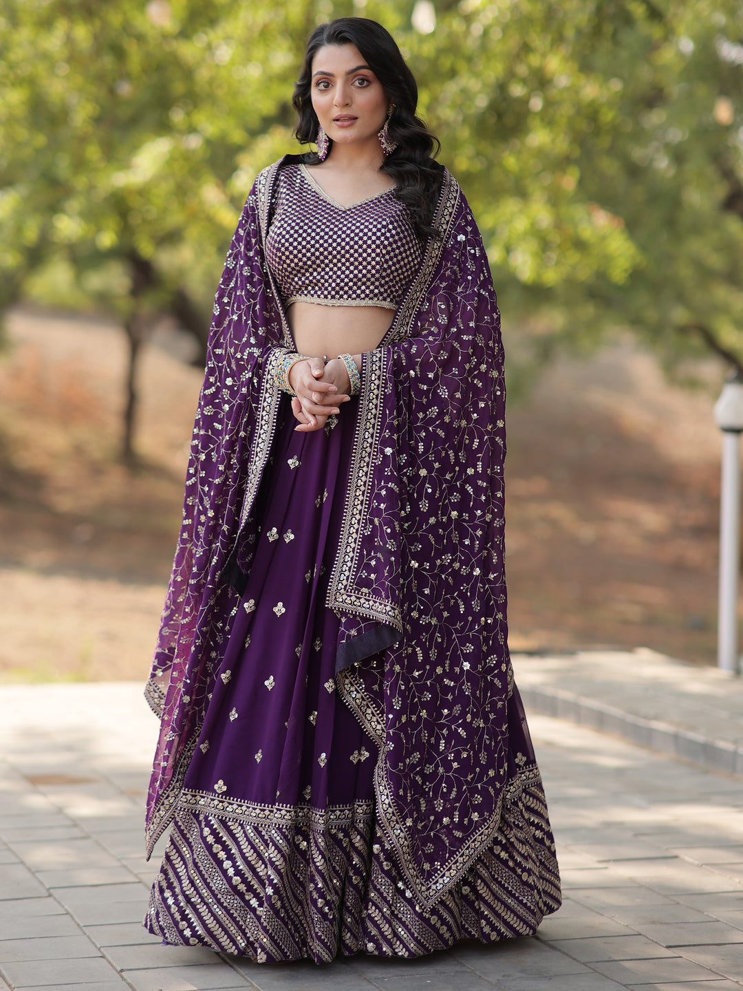 Charming Purple Embroidered Georgette Wedding Lehenga Choli