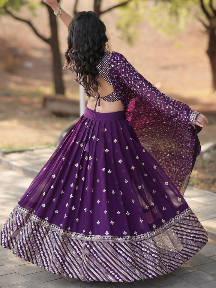 Charming Purple Embroidered Georgette Wedding Lehenga Choli