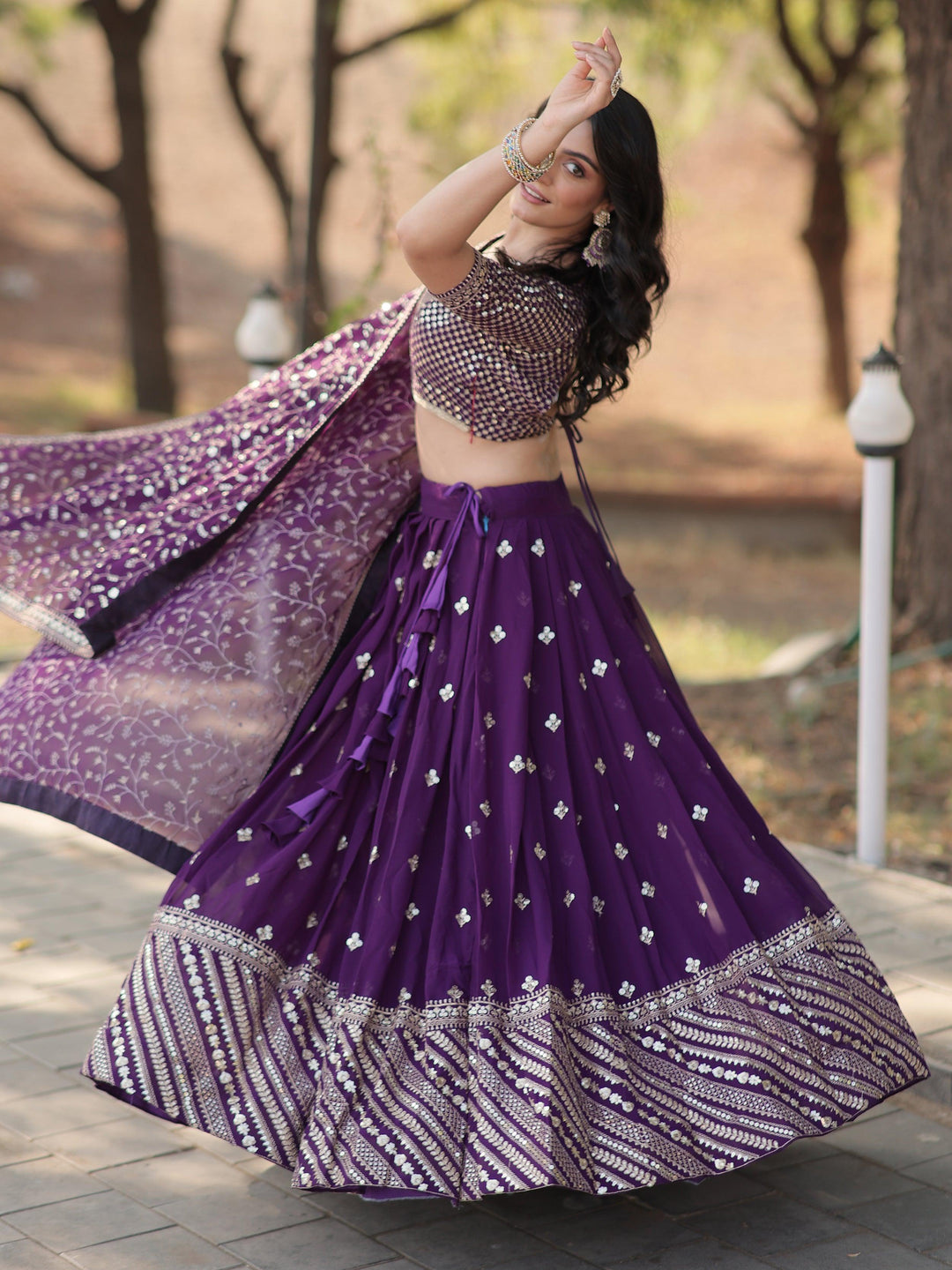 Charming Purple Embroidered Georgette Wedding Lehenga Choli