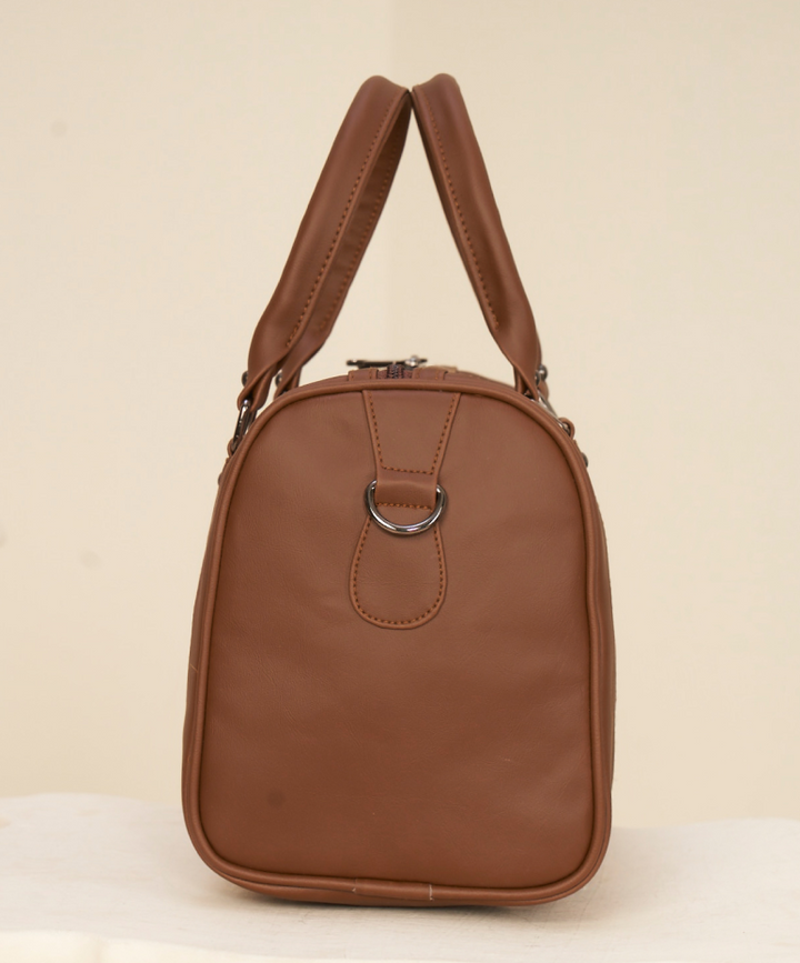 Elegant Brown Leather and Fabric Handbag with Geometric Pattern