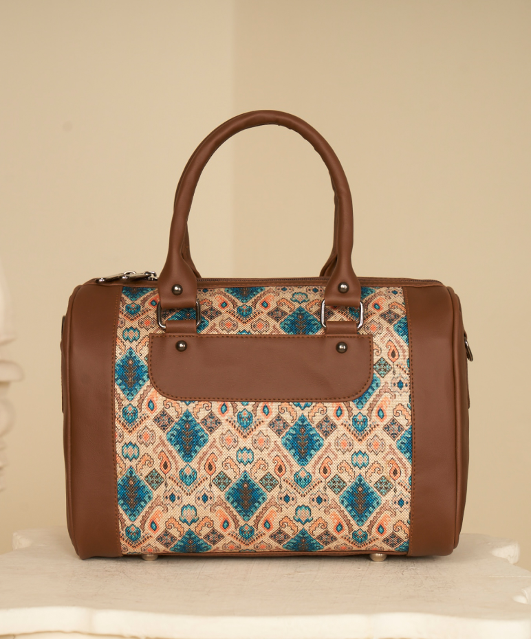 Elegant Brown Leather and Fabric Handbag with Geometric Pattern