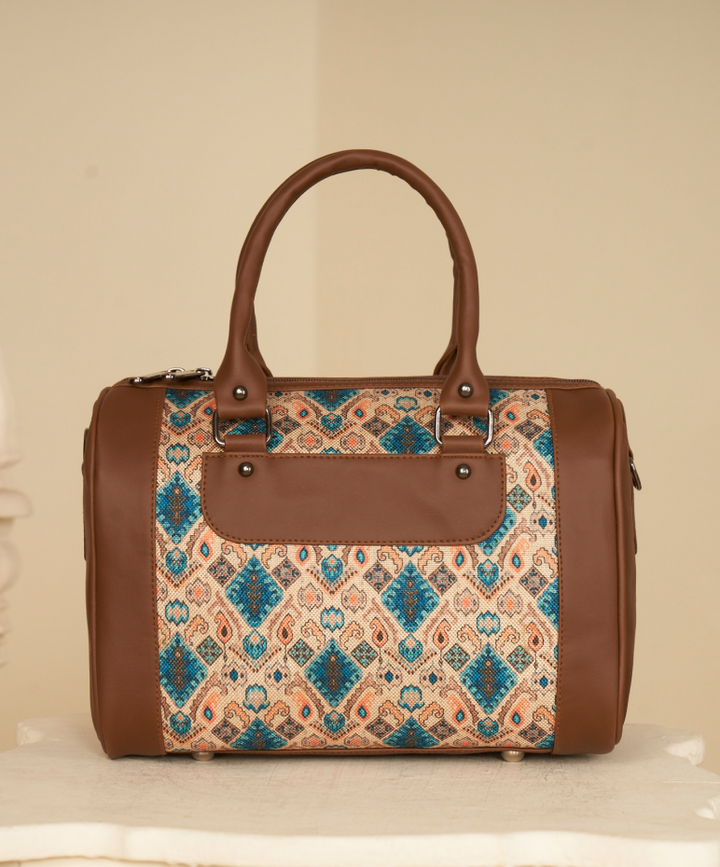 Elegant Brown Leather and Fabric Handbag with Geometric Pattern