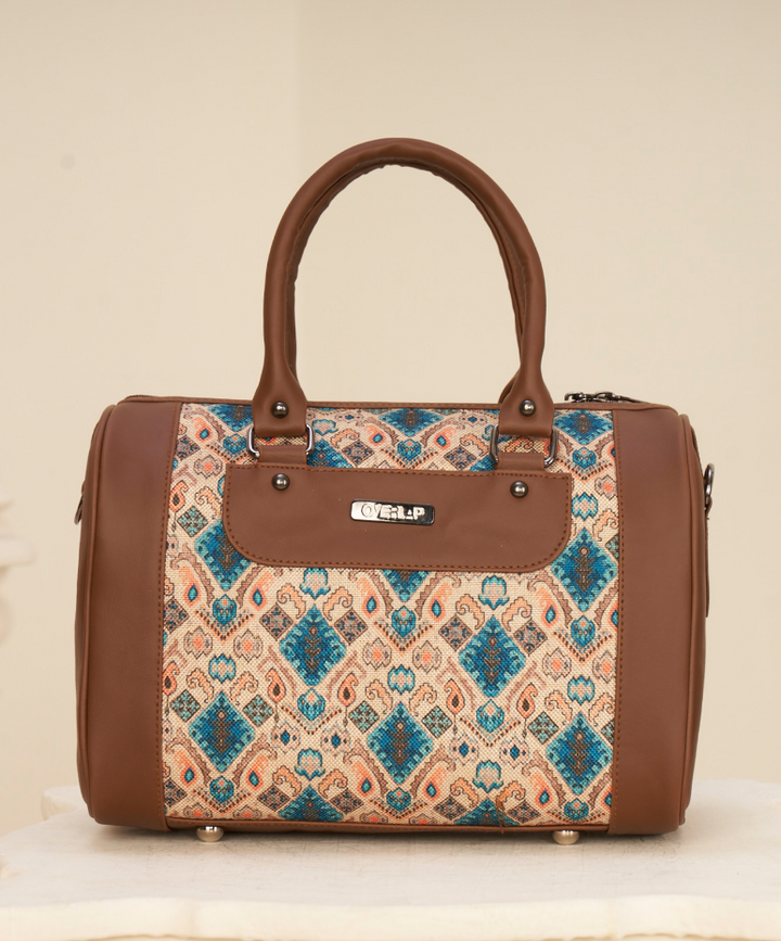 Elegant Brown Leather and Fabric Handbag with Geometric Pattern