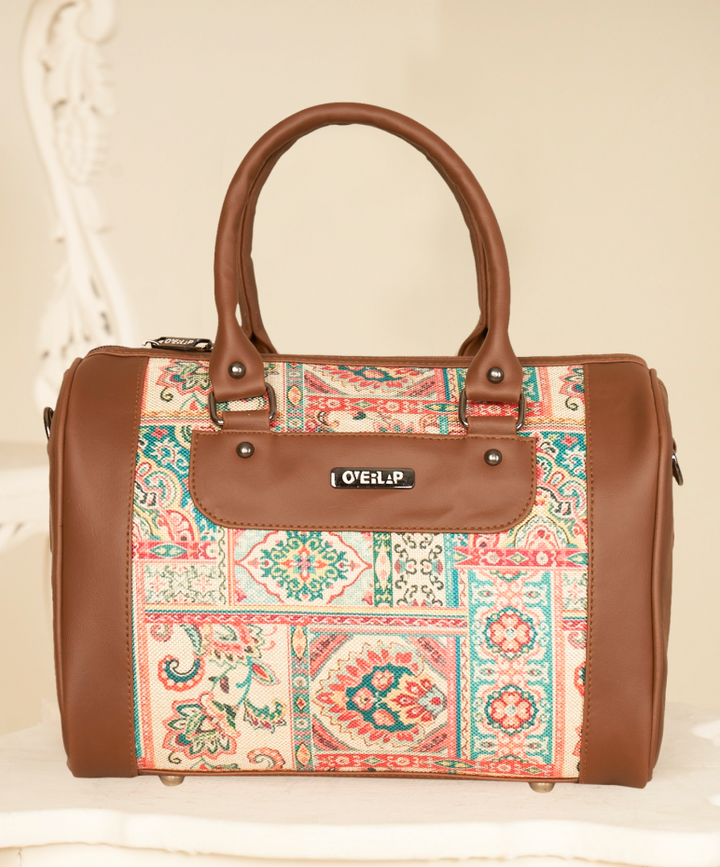 Ethnic Printed Brown Handbag | Stylish Canvas and Leather Tote Bag for Women