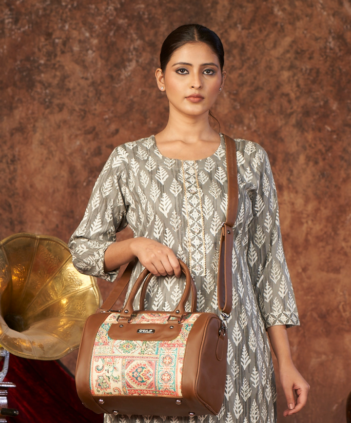 Ethnic Printed Brown Handbag | Stylish Canvas and Leather Tote Bag for Women