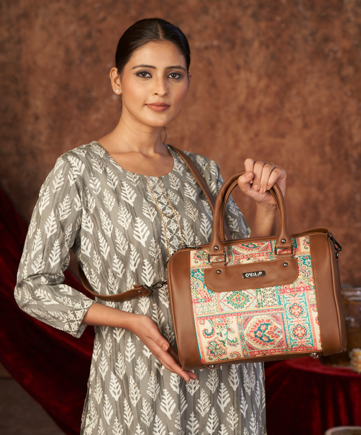 Ethnic Printed Brown Handbag | Stylish Canvas and Leather Tote Bag for Women