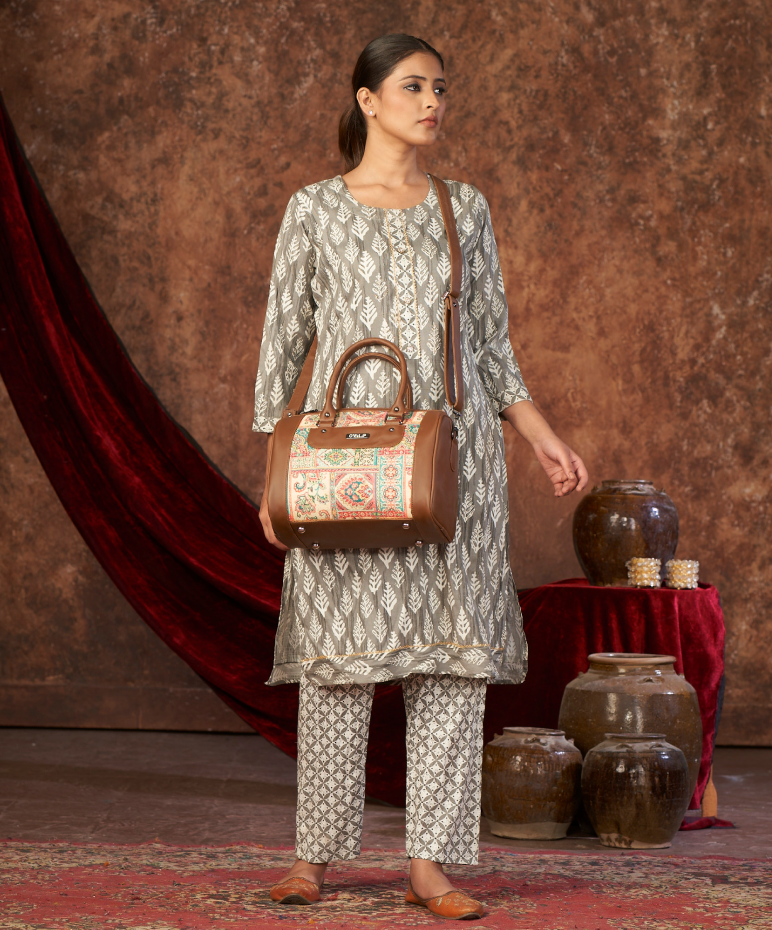 Ethnic Printed Brown Handbag | Stylish Canvas and Leather Tote Bag for Women