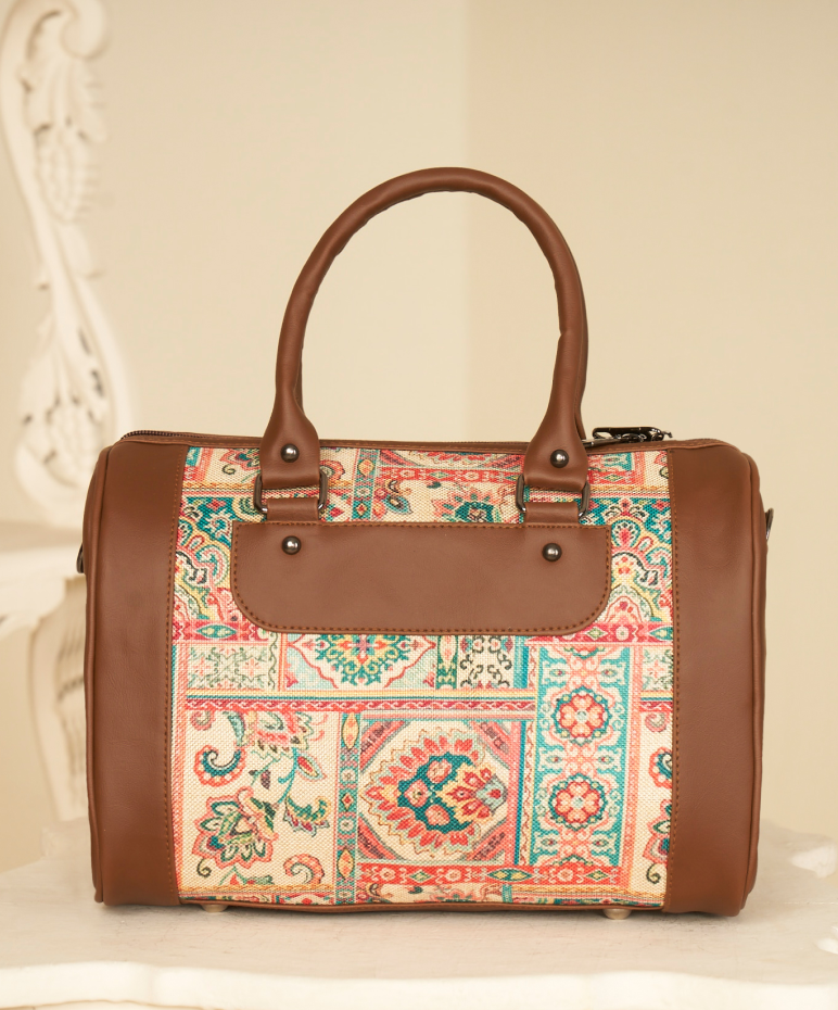 Ethnic Printed Brown Handbag | Stylish Canvas and Leather Tote Bag for Women