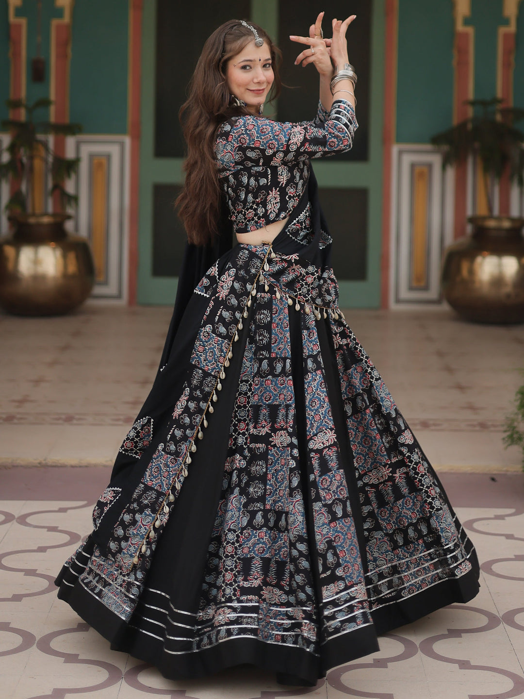 StunningÃƒâ€šÃ‚Â Black Digital Printed Rayon Navratri Wear Lehenga Choli