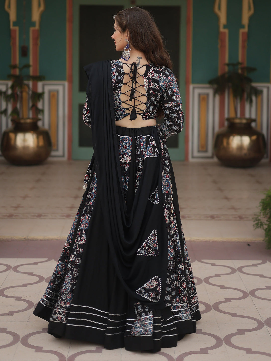 StunningÃƒâ€šÃ‚Â Black Digital Printed Rayon Navratri Wear Lehenga Choli