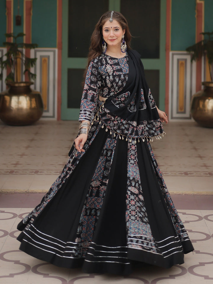 StunningÃƒâ€šÃ‚Â Black Digital Printed Rayon Navratri Wear Lehenga Choli