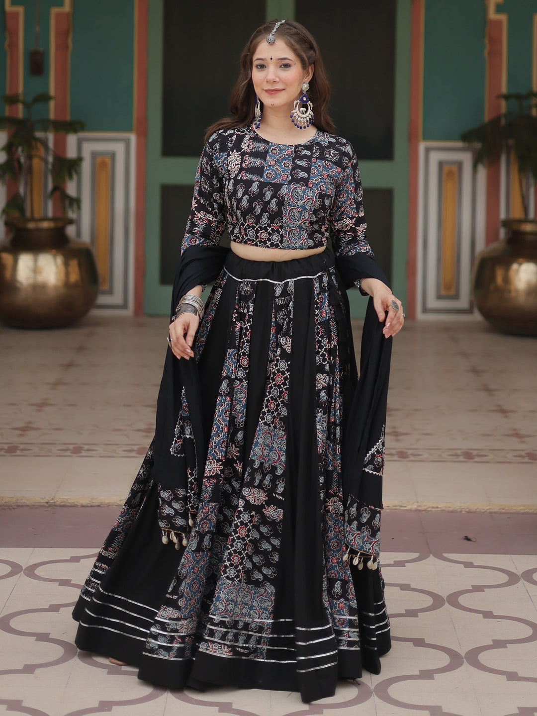 StunningÃƒâ€šÃ‚Â Black Digital Printed Rayon Navratri Wear Lehenga Choli