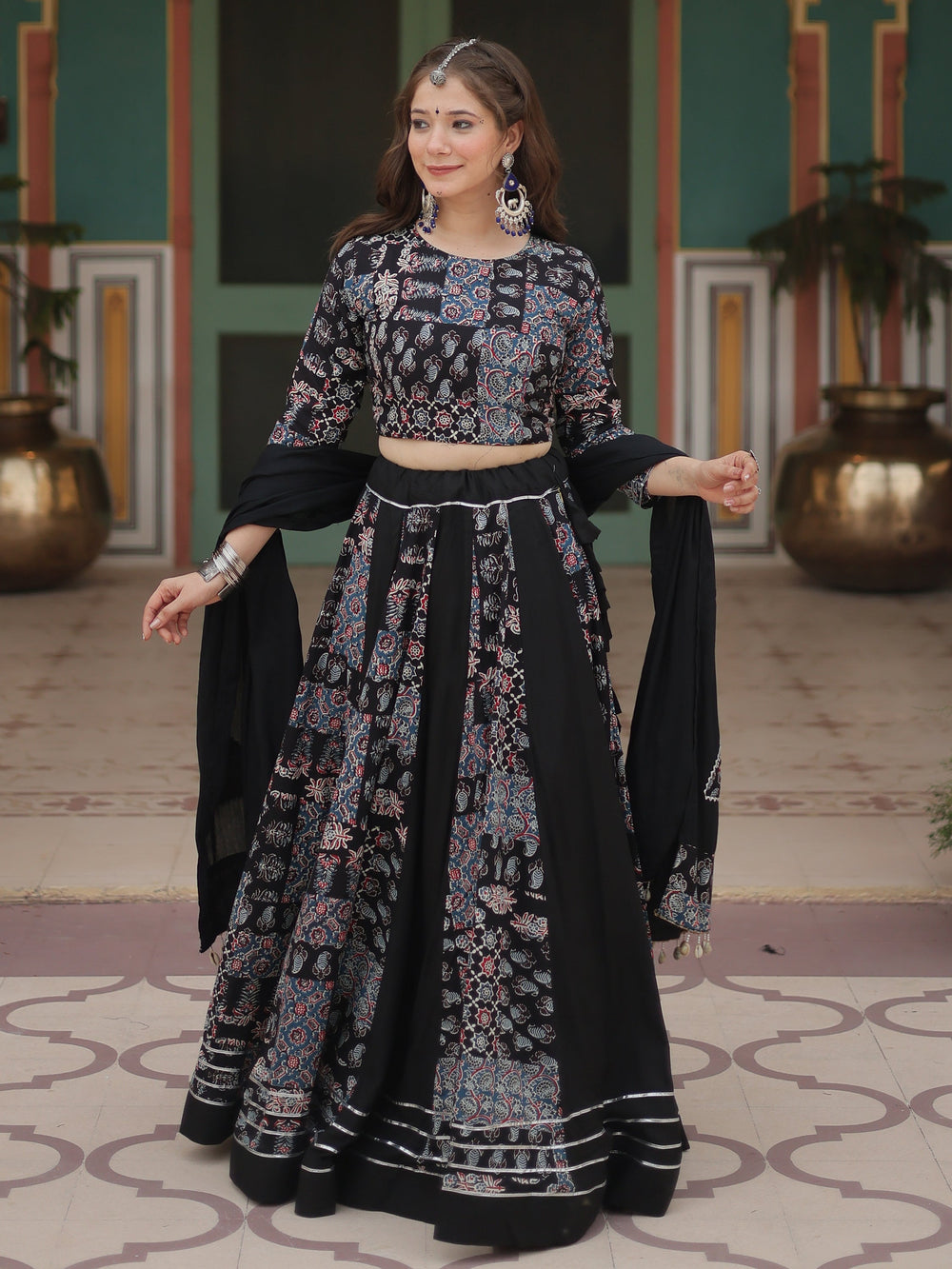 StunningÃƒâ€šÃ‚Â Black Digital Printed Rayon Navratri Wear Lehenga Choli