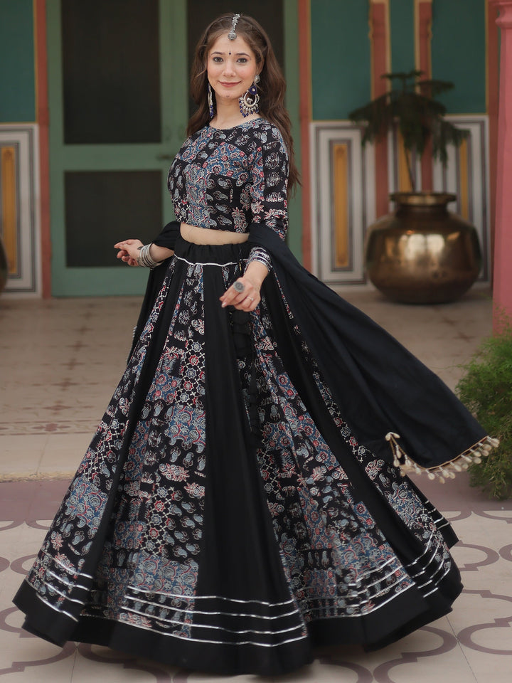 StunningÃƒâ€šÃ‚Â Black Digital Printed Rayon Navratri Wear Lehenga Choli