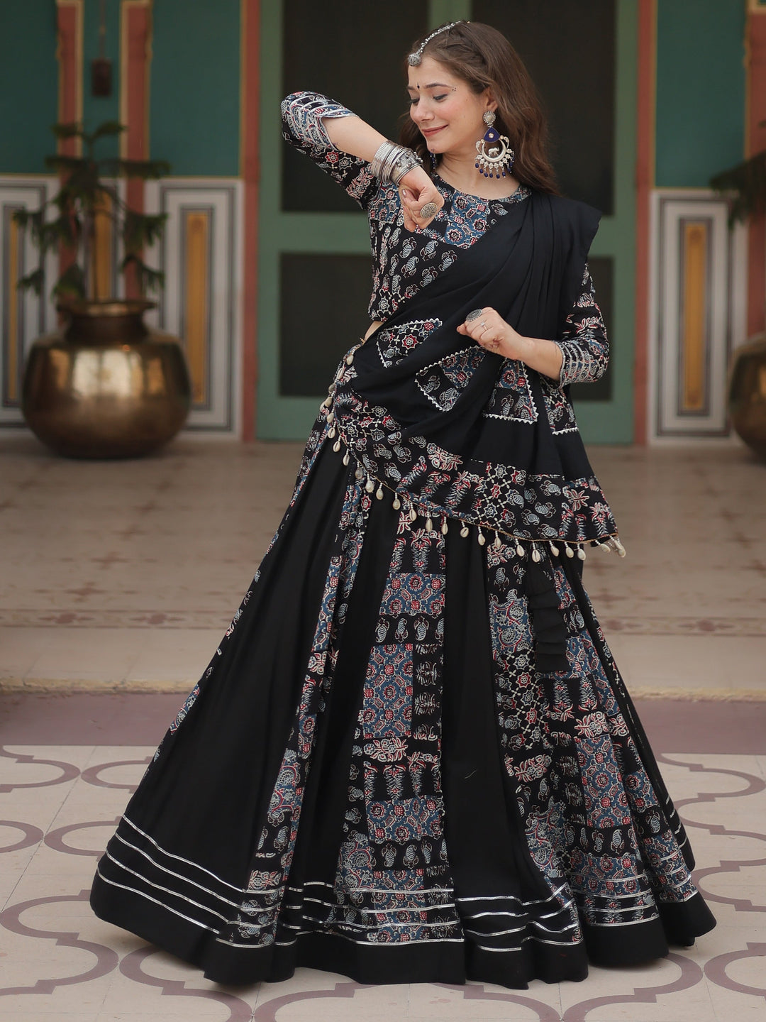 StunningÃƒâ€šÃ‚Â Black Digital Printed Rayon Navratri Wear Lehenga Choli